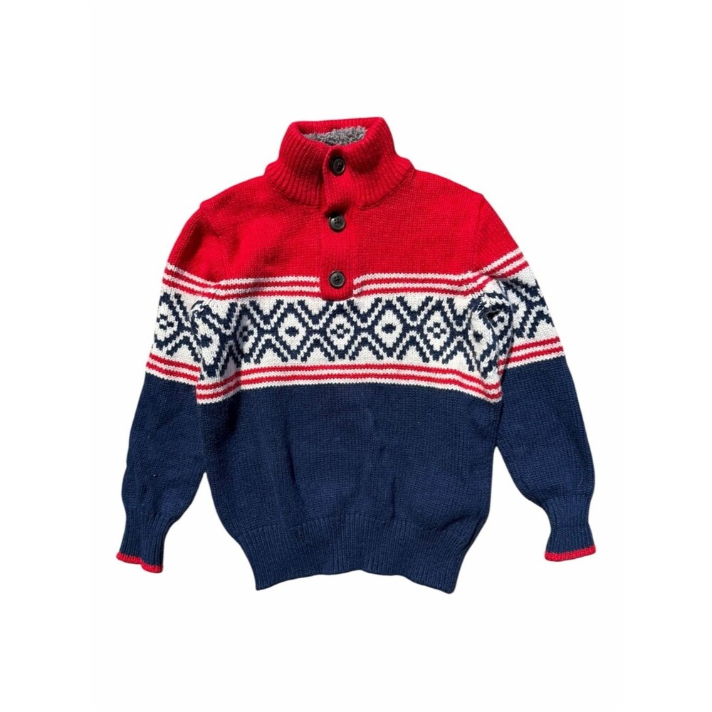 Gap Kids Sweater Boys S 6-7 Red Navy Fair Isle Mock Neck Sherpa Collar